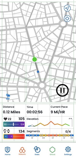 Runnit active run screen with live pace, heart rate, elevation and flow breaks so far