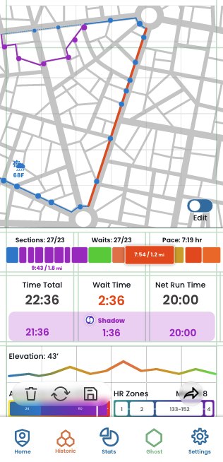 Runnit segment view: the route on the map with one section highlighted and its stops marked